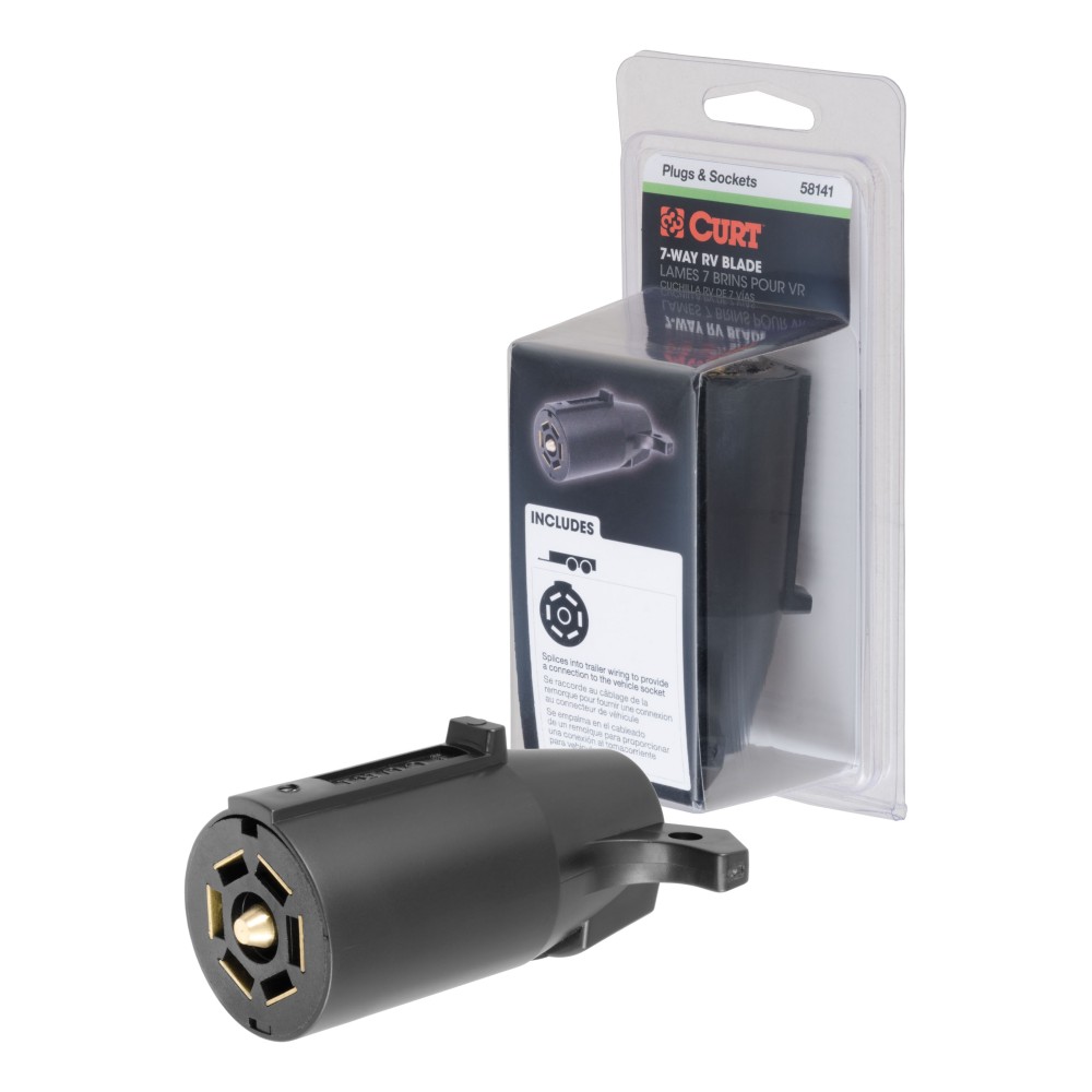 CURT 7-way Round RV Blade Rust-Free Male-End Trailer Connector CURT 7-way round RV blade trailer connector designed for trailer end with rust-free black plastic construction.