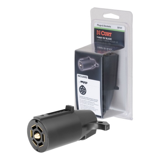 CURT 7-way Round RV Blade Rust-Free Male-End Trailer Connector CURT 7-way round RV blade trailer connector designed for trailer end with rust-free black plastic construction.
