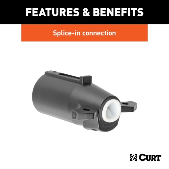 CURT 7-way Round RV Blade Rust-Free Male-End Trailer Connector CURT 7-way round RV blade trailer connector designed for trailer end with rust-free black plastic construction.