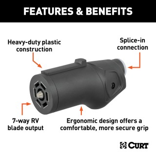 CURT 7-Way RV Blade Connector for Trailer Wiring CURT heavy-duty 7-way RV blade connector for trailer wiring featuring a rust-free black plastic construction.
