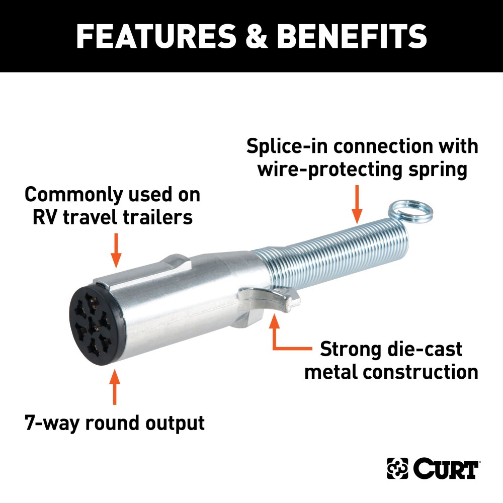 CURT 7-way Round Trailer Electrical Connector with Spring CURT 7-way round electrical connector for trailers, featuring durable die-cast metal and spring protection.