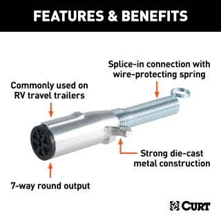 CURT 7-way Round Trailer Electrical Connector with Spring CURT 7-way round electrical connector for trailers, featuring durable die-cast metal and spring protection.