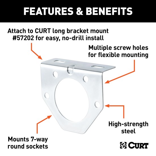 CURT Electrical Connector Bracket for Trailer Hitch, Zinc Finish CURT electrical connector bracket for mounting 7-way round sockets on trailer hitches.