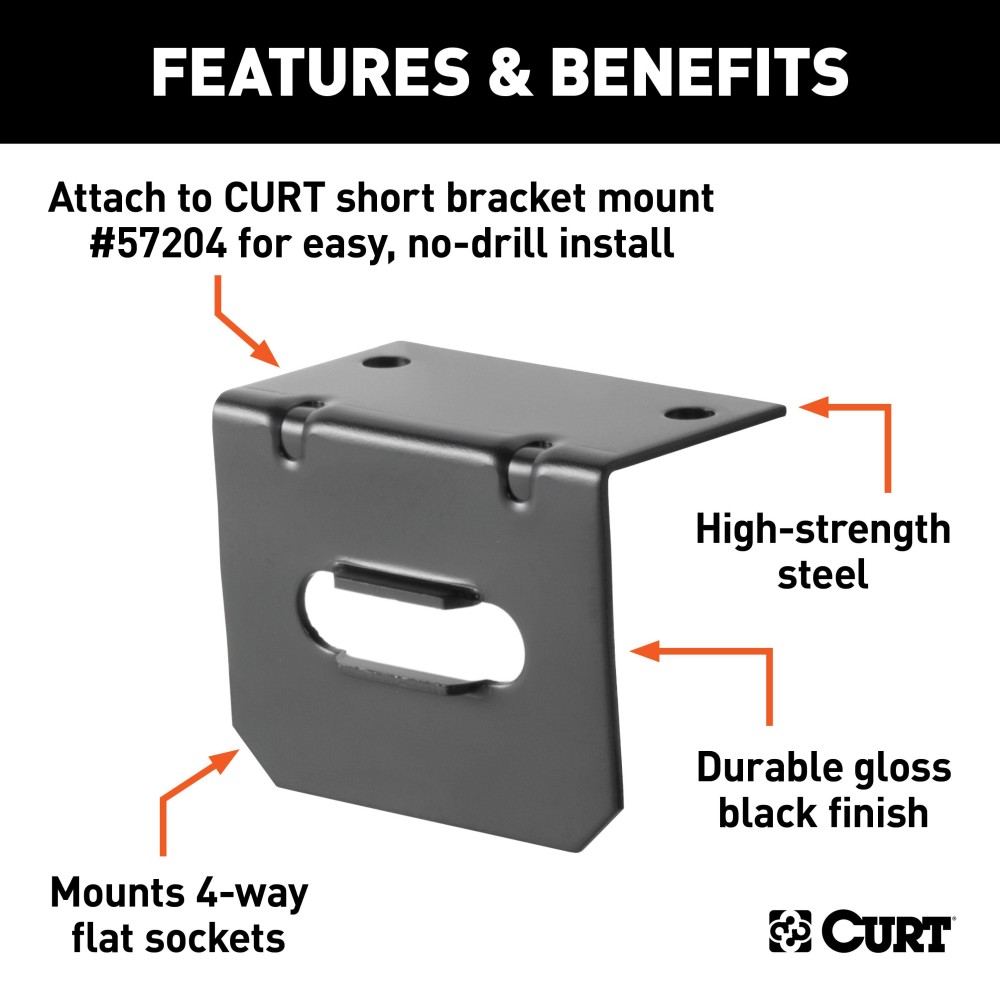 CURT Electrical Connector Bracket for 4-Way Flat Socket CURT electrical connector bracket securely mounted on trailer hitch