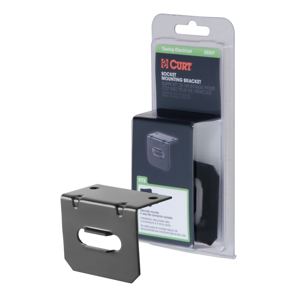 CURT Electrical Connector Bracket for 4-Way Flat Sockets CURT electrical connector bracket securely mounting a 4-way flat socket with a durable black finish
