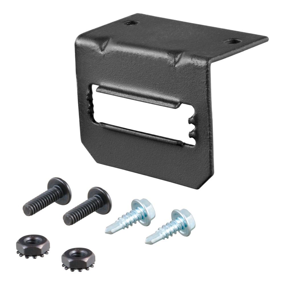 CURT electrical connector bracket securely mounting a 5-way flat socket on trailer hitch.