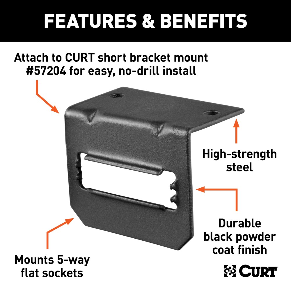 CURT electrical connector bracket securely mounting a 5-way flat socket on trailer hitch.