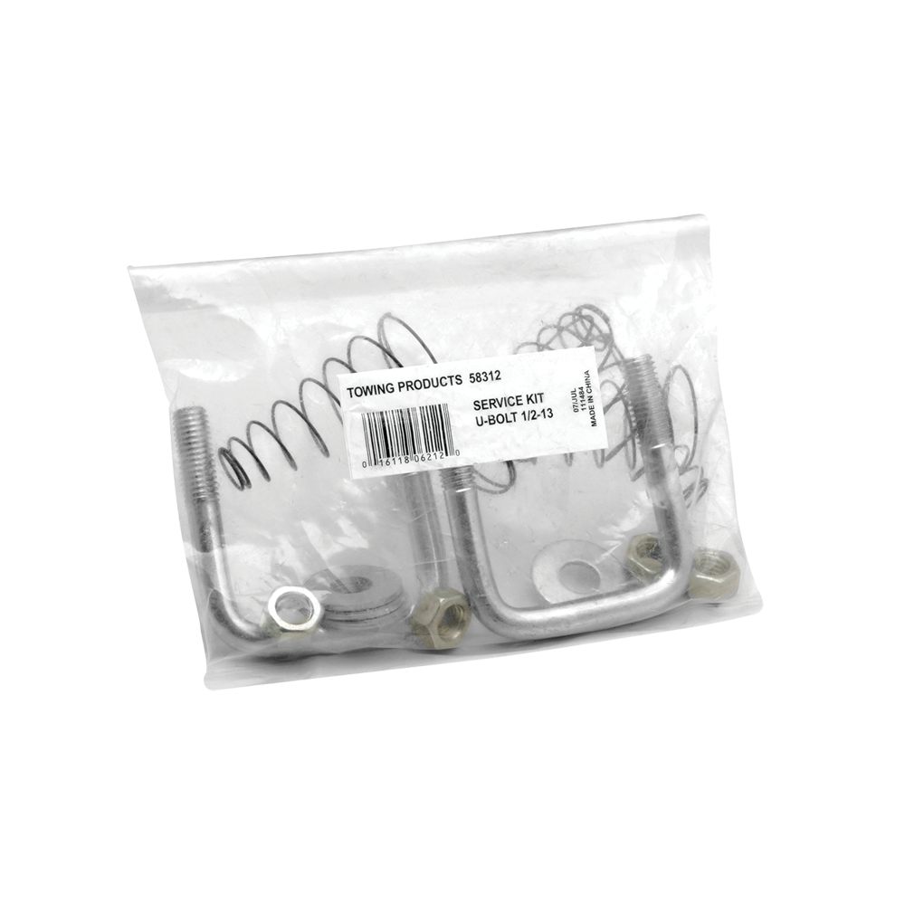 Kit of gooseneck hitch parts including U-Bolts, springs, washers, and lock nuts with warranty