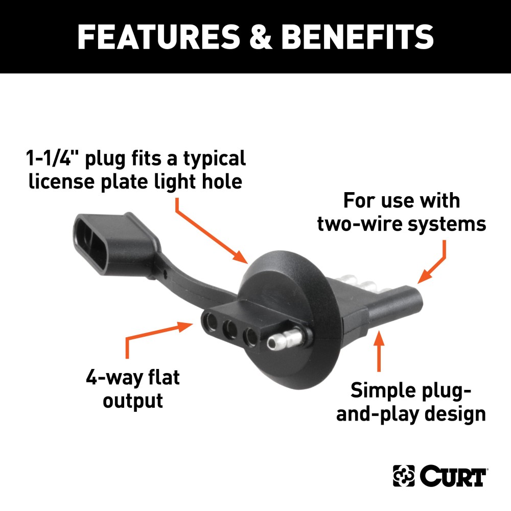 CURT electrical adapter for 4-way flat trailer plug, designed to fit license plate light hole, with dust cover.
