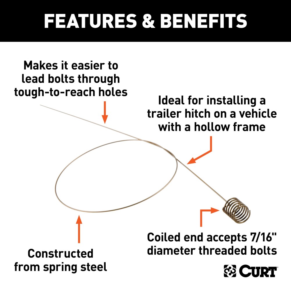 CURT fish wire aiding in trailer hitch installation with spring steel construction and 7/16 inch coil diameter.