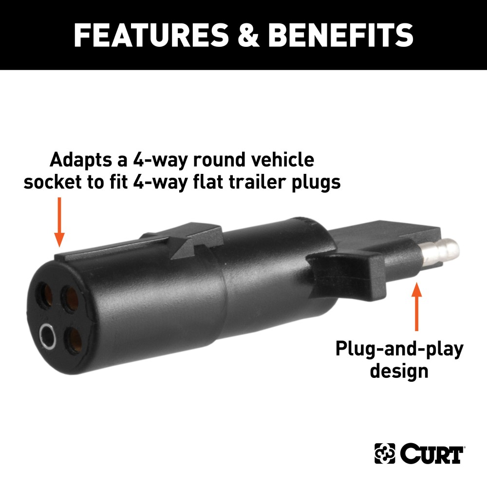 CURT 4-Way Round to 4-Way Flat Electrical Adapter CURT electrical adapter for adapting 4-way round vehicle socket to 4-way flat trailer plug