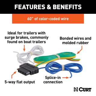 CURT 5-Way Flat Trailer Connector with 60-Inch Wire CURT 5-way flat connector for trailer wiring with durable rubber and 60-inch color-coded wire