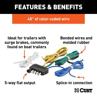 CURT 5-Way Flat Trailer Connector with 48 Inch Bonded Wire CURT 5-way flat electrical connector with durable 48-inch color-coded wires for trailers
