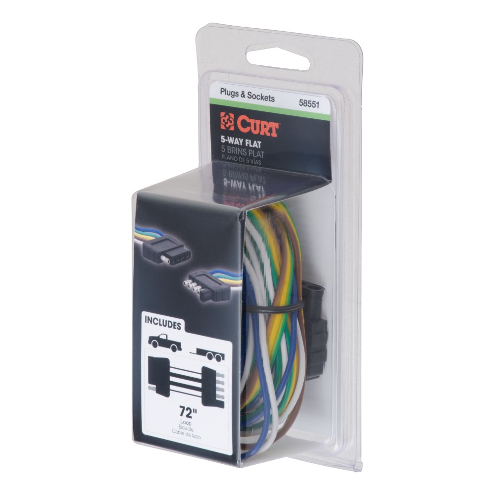 CURT 5-Way Flat Electrical Trailer Connector for Safe Towing CURT 5-way flat trailer connector, durable rubber with 72-inch bonded loop wire for reliable towing