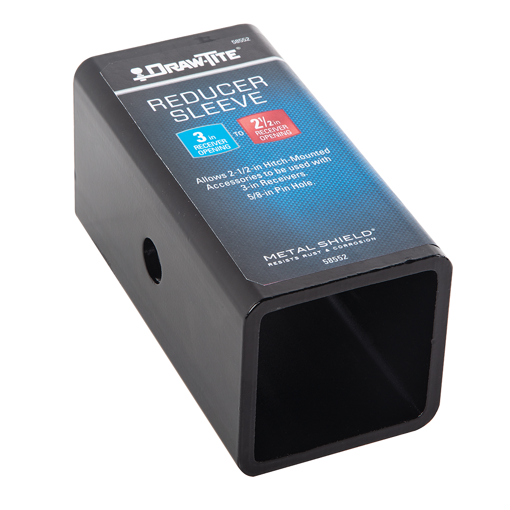 Durable Metalshield 3 to 2-1/2 Inch Hitch Reducer Hitch reducer with Metalshield finish for 3 to 2-1/2 inch receiver conversion