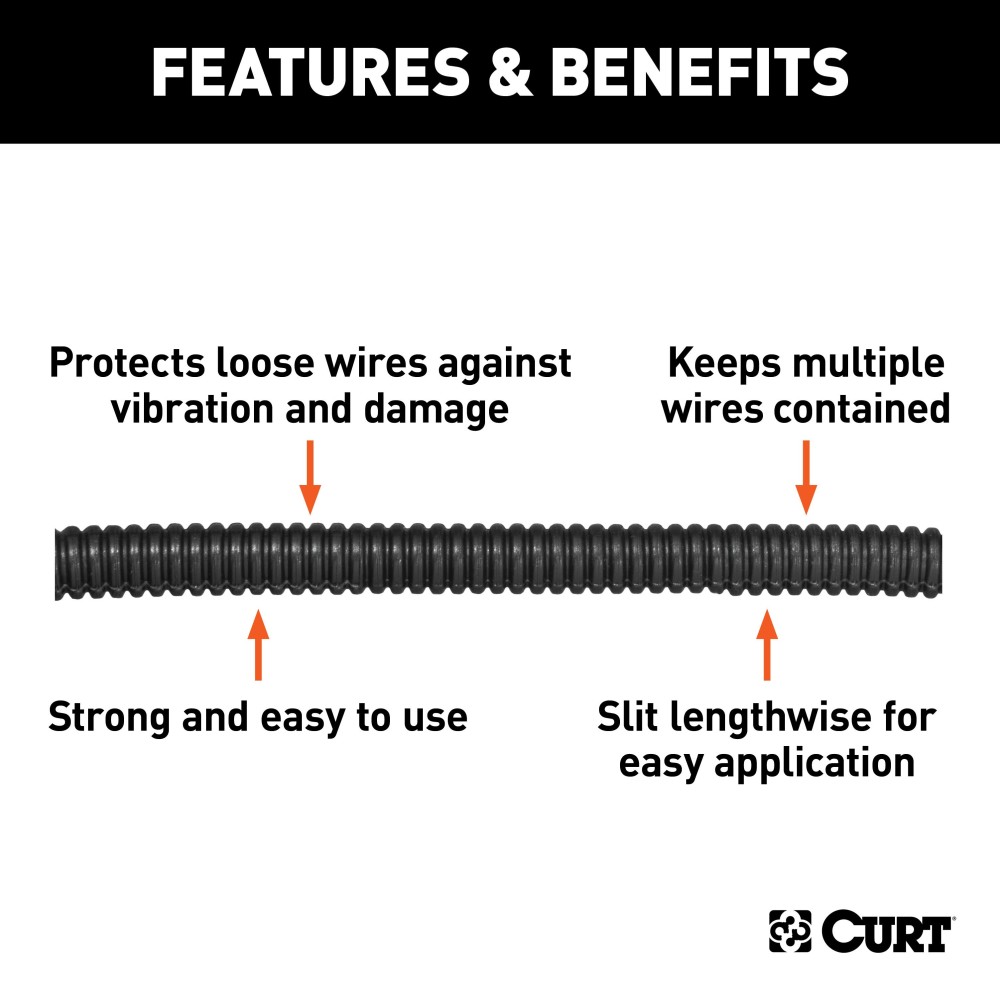 CURT Slit Loom Tube 1/4 Inch Diameter for Wire Protection CURT slit loom tube provides 1/4 inch diameter wire protection in custom lengths, shielding against vibrations and damage.
