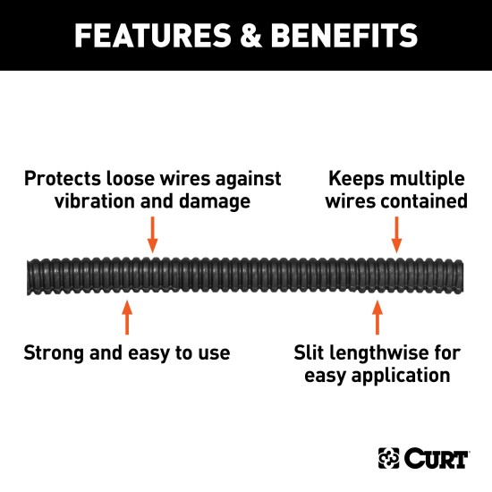 CURT Slit Loom Tube 1/4 Inch Diameter for Wire Protection CURT slit loom tube provides 1/4 inch diameter wire protection in custom lengths, shielding against vibrations and damage.