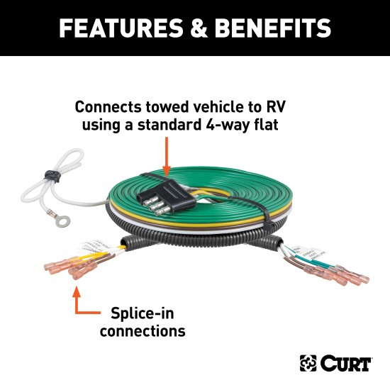 CURT RV Harness for Towed Vehicle with Universal Fitment CURT RV harness connecting a towed vehicle with universal fitment and standard 4-way flat connector