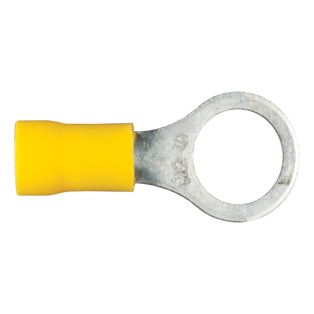 CURT Vinyl-Insulated Ring Terminals for 12-10 Gauge Wiring CURT vinyl-insulated ring terminals, perfect for 12-10 gauge wires with 3/8 inch stud, ideal for secure electrical connections.