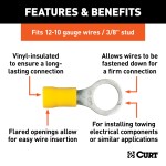 CURT Vinyl-Insulated Ring Terminals for 12-10 Gauge Wiring CURT vinyl-insulated ring terminals, perfect for 12-10 gauge wires with 3/8 inch stud, ideal for secure electrical connections.