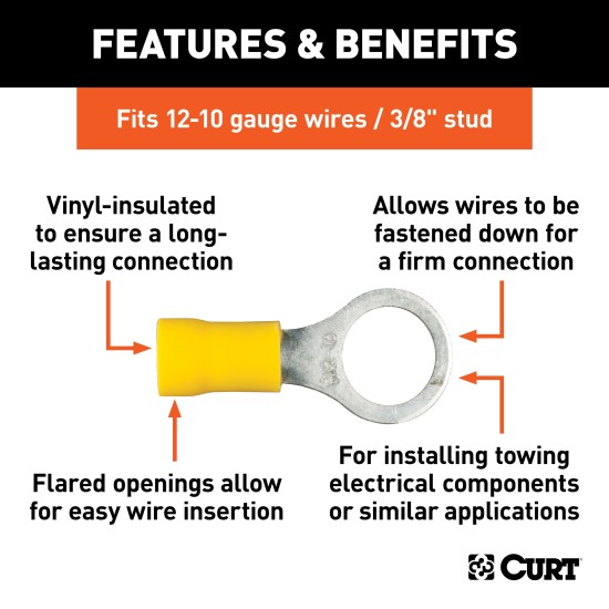 CURT Vinyl-Insulated Ring Terminals for 12-10 Gauge Wiring CURT vinyl-insulated ring terminals, perfect for 12-10 gauge wires with 3/8 inch stud, ideal for secure electrical connections.