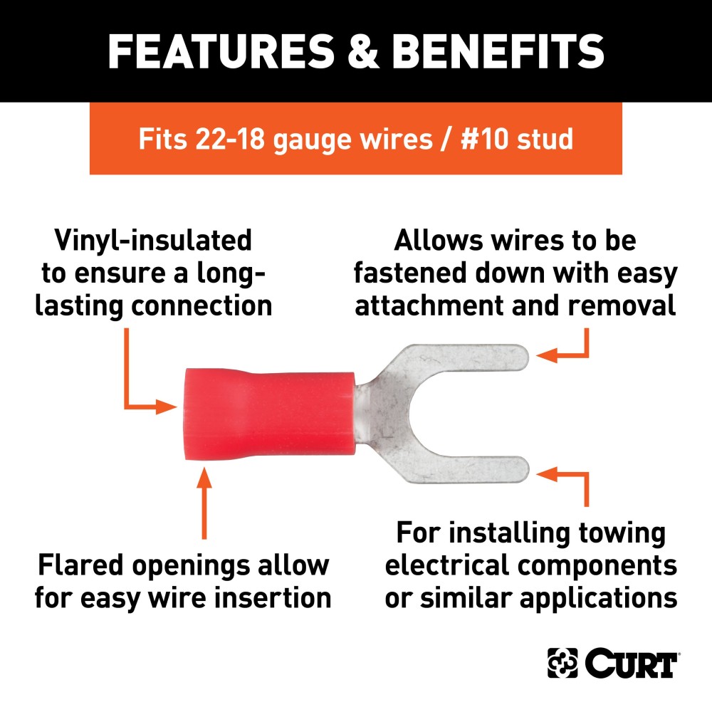 CURT Vinyl-Insulated Spade Terminals for 22-18 Gauge Wire Red CURT spade terminals for 22-18 gauge wires, vinyl-insulated for secure connections
