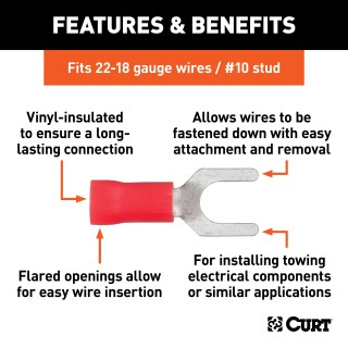 CURT Vinyl-Insulated Spade Terminals for 22-18 Gauge Wire Red CURT spade terminals for 22-18 gauge wires, vinyl-insulated for secure connections