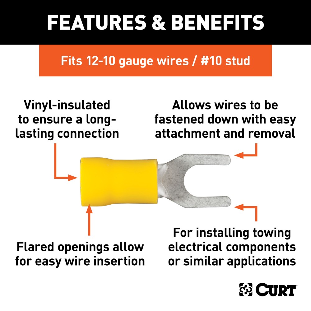 Pack of 100 CURT vinyl-insulated spade terminals for 12-10 gauge wire