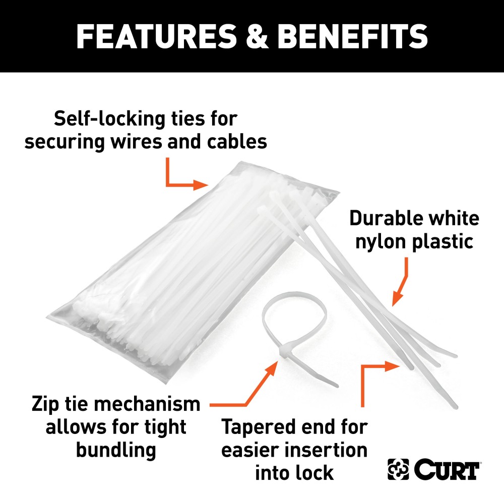 CURT 7-1/4 Inch White Nylon Durable Zip Wire Ties Package of 100 CURT 7-1/4 inch white nylon zip ties for secure cable management.
