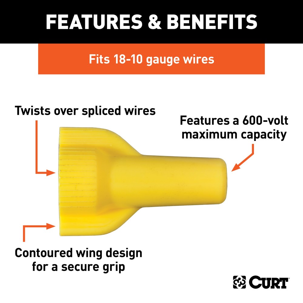 CURT twist-on wire connectors, secure installation for 18-10 gauge wires, 600-volt capacity