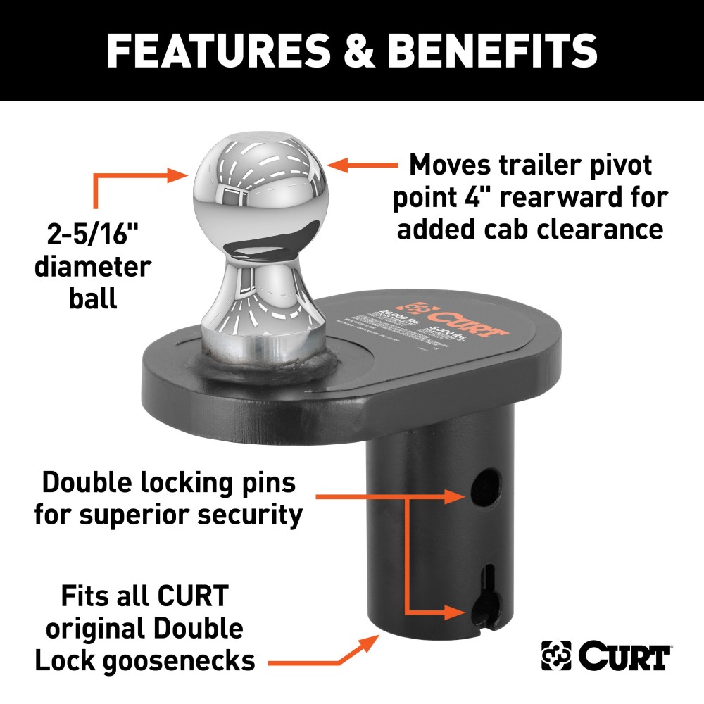 CURT offset gooseneck ball in use with Double Lock system for 4 inch offset.