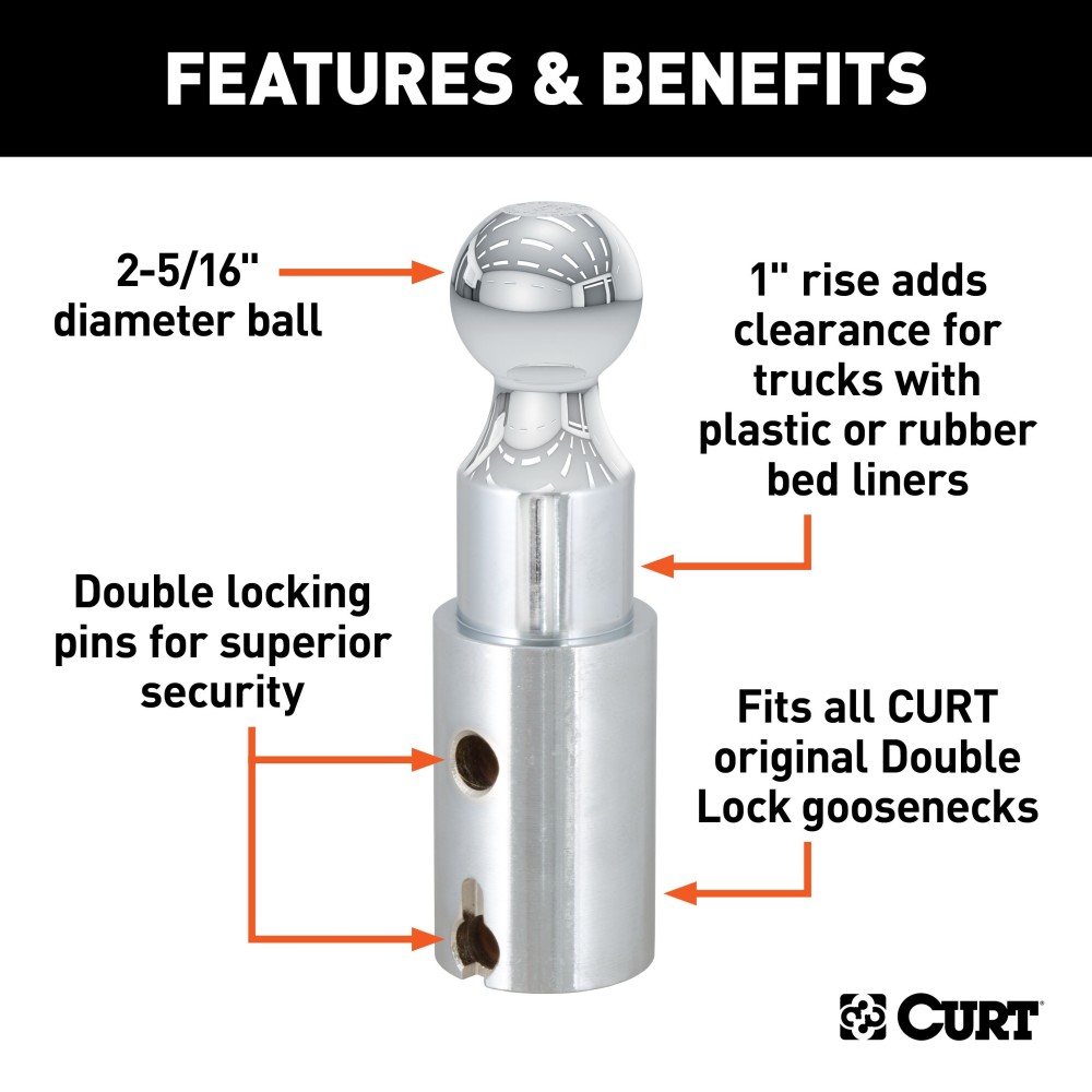 CURT Double Lock Gooseneck Riser Ball for Extra Clearance CURT Double Lock gooseneck riser ball, 2-5/16 inch diameter, provides secure towing with extra clearance.
