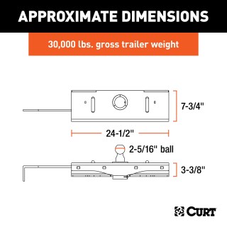 CURT Double Lock EZr Gooseneck Hitch with 2-5/16 Inch Ball CURT gooseneck hitch with chrome trim, ball and safety chain loops for heavy towing