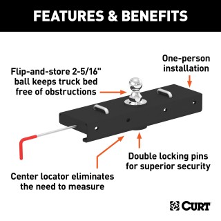 CURT Double Lock EZr Gooseneck Hitch with 2-5/16 Inch Ball CURT gooseneck hitch with chrome trim, ball and safety chain loops for heavy towing