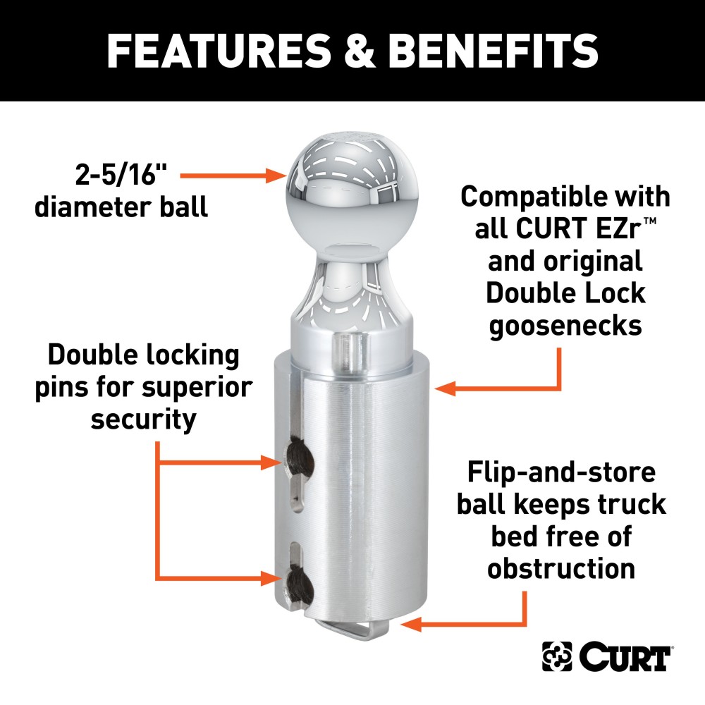 CURT Double Lock Gooseneck Hitch Replacement Ball Chrome Finish CURT Double Lock gooseneck hitch ball replacement, chrome finish for heavy-duty towing.