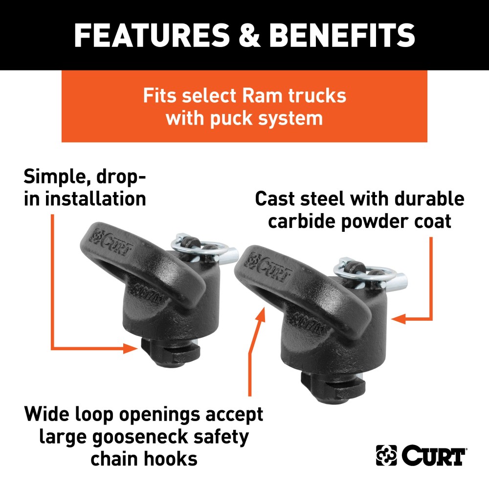 CURT OEM Puck System Gooseneck Safety Chain Anchors CURT gooseneck safety chain anchors for Ram pickups with puck system.