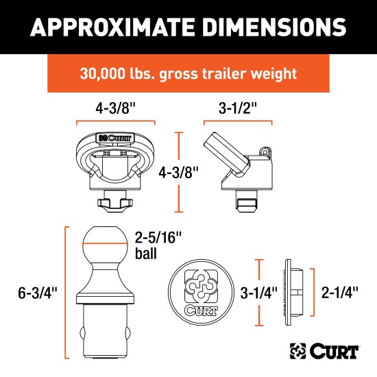 CURT OEM Puck System Gooseneck Ball and Safety Chain Kit CURT OEM puck gooseneck ball and safety chain kit for Ram trucks, designed for 30K towing.