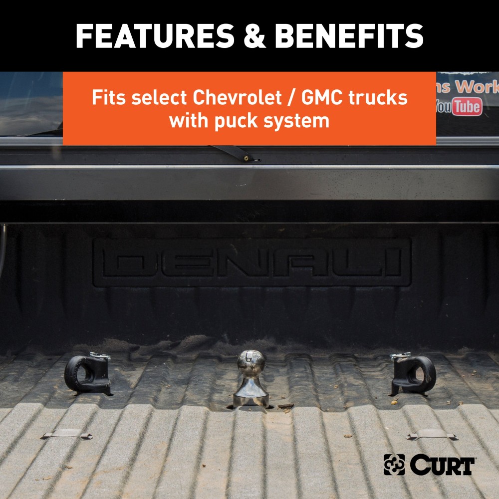 CURT OEM Puck System Gooseneck Ball for Various Pickup Trucks CURT OEM puck system gooseneck ball with chrome finish, compatible with certain pickups.