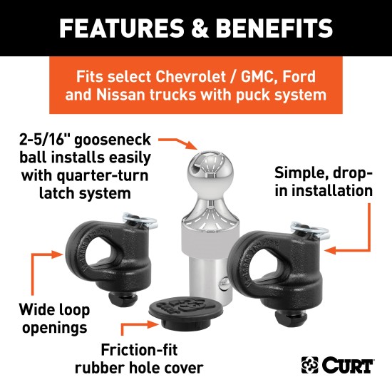 CURT OEM Puck System 38K Gooseneck Ball & Safety Chain Kit CURT 38K gooseneck ball and safety chain anchors for puck system equipped trucks