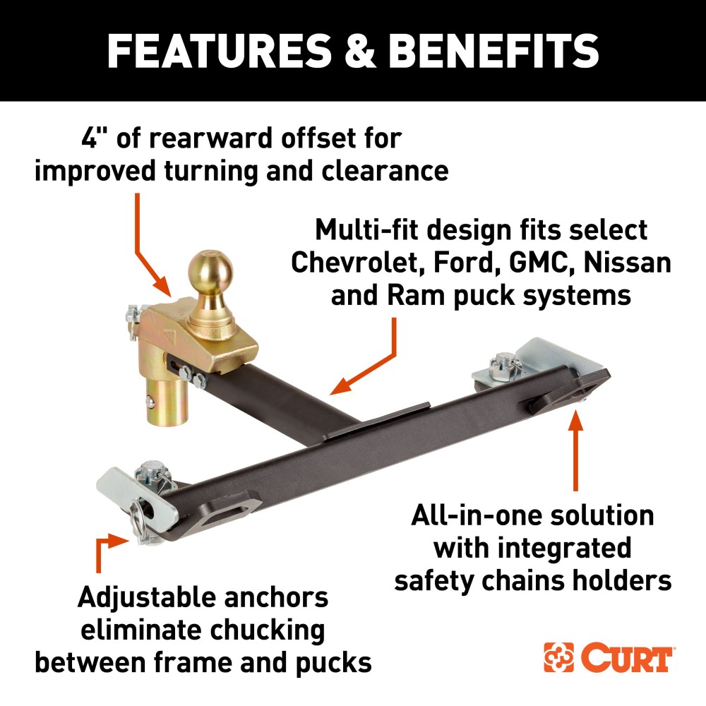 CURT Multi-Fit OEM Puck System Gooseneck Ball with 4 Inch Offset CURT gooseneck ball with 4 inch offset for multi-fit OEM puck system on trucks