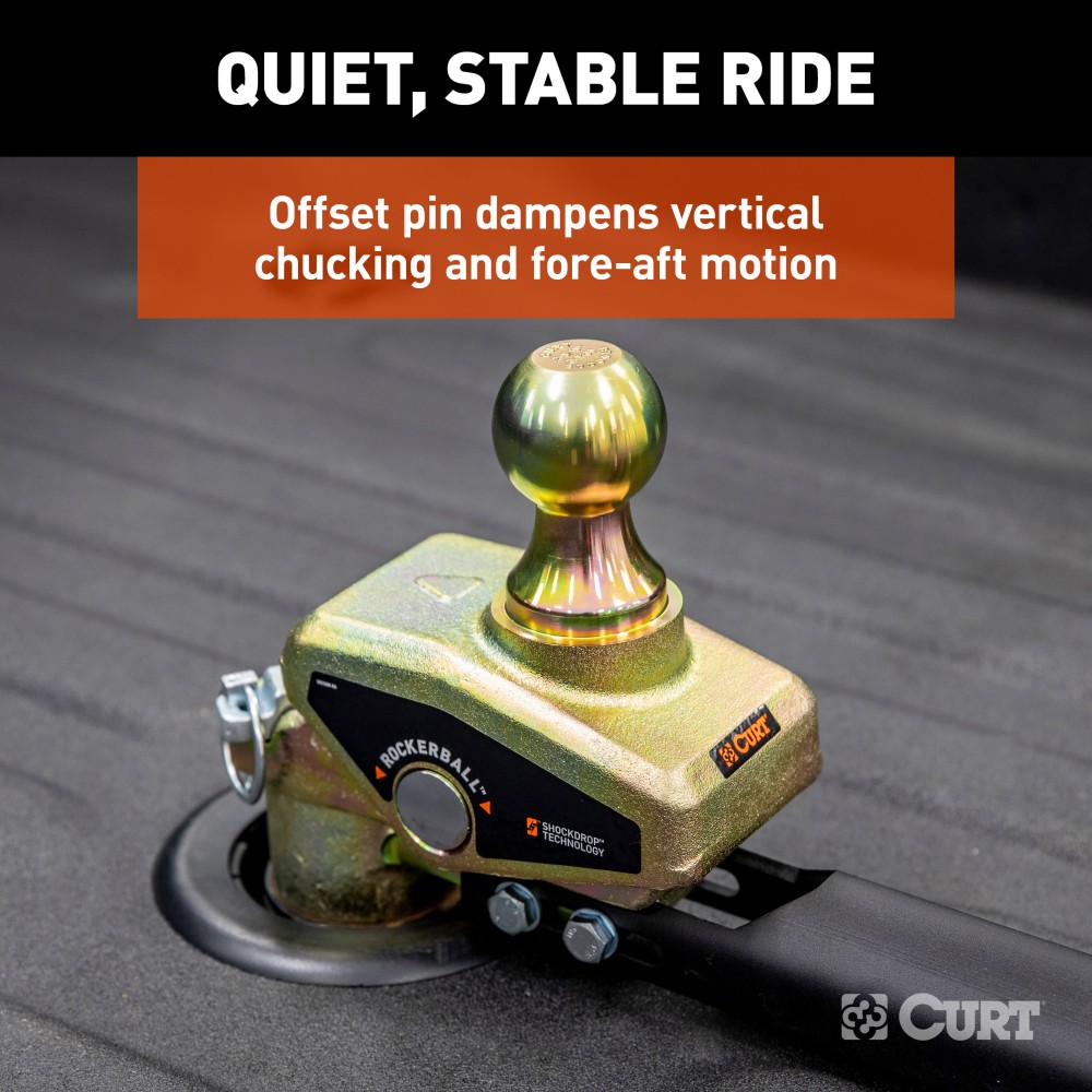 CURT RockerBall Gooseneck Ball with ShockDrop Technology CURT RockerBall multi-fit gooseneck ball with 4-inch offset and ShockDrop technology.