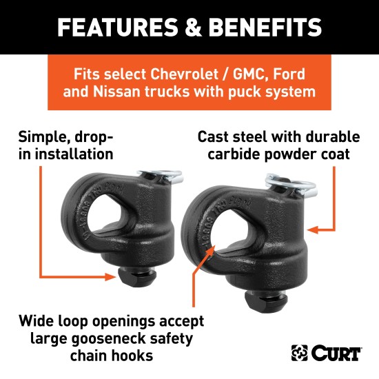 CURT OEM puck system gooseneck safety chain anchors in a truck bed for towing