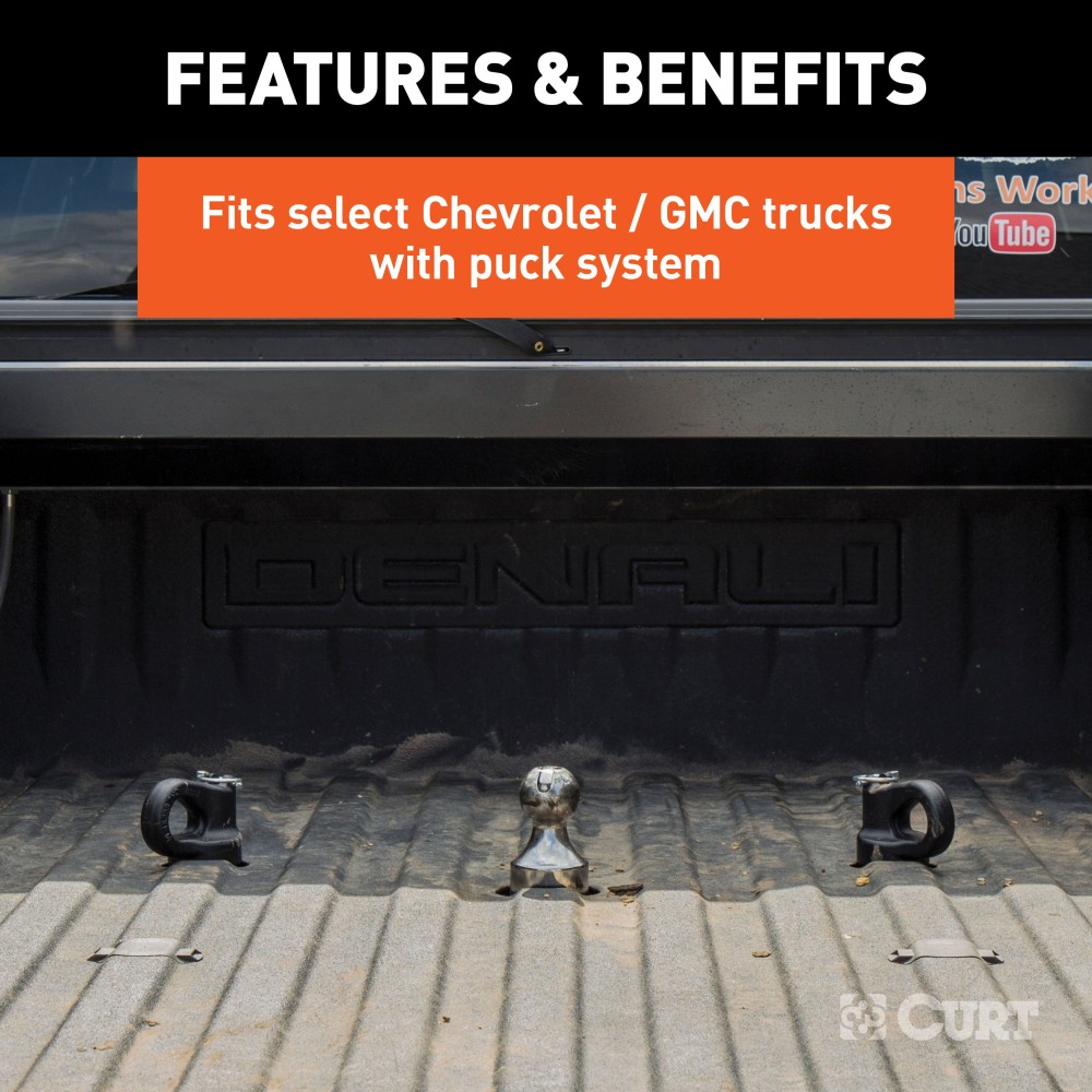 CURT 30K Gooseneck Puck System Kit for Chevrolet, Ford, GMC, Nissan CURT 30K gooseneck puck system kit with ball, anchors, cover, and storage case for select truck models.