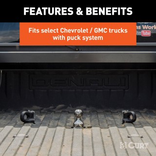 CURT 30K Gooseneck Puck System Kit for Chevrolet, Ford, GMC, Nissan CURT 30K gooseneck puck system kit with ball, anchors, cover, and storage case for select truck models.