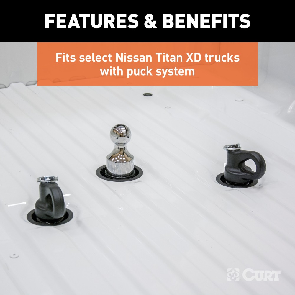 CURT 30K Gooseneck Puck System Kit for Chevrolet, Ford, GMC, Nissan CURT 30K gooseneck puck system kit with ball, anchors, cover, and storage case for select truck models.