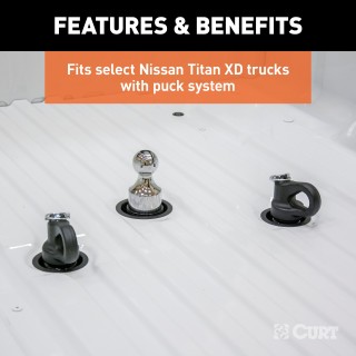 CURT 30K Gooseneck Puck System Kit for Chevrolet, Ford, GMC, Nissan CURT 30K gooseneck puck system kit with ball, anchors, cover, and storage case for select truck models.
