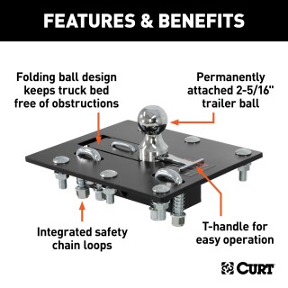 CURT Folding Ball Gooseneck Hitch with Innovative Design CURT folding ball gooseneck hitch installed on truck, showcasing fold-down design and chrome-plated ball.