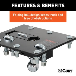 CURT Folding Ball Gooseneck Hitch with Innovative Design CURT folding ball gooseneck hitch installed on truck, showcasing fold-down design and chrome-plated ball.