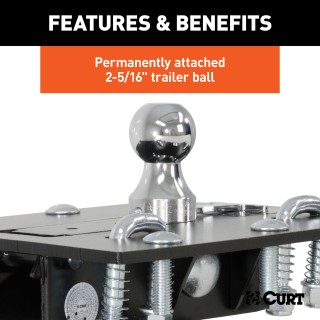 CURT Folding Ball Gooseneck Hitch with Innovative Design CURT folding ball gooseneck hitch installed on truck, showcasing fold-down design and chrome-plated ball.