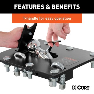 CURT Folding Ball Gooseneck Hitch with Innovative Design CURT folding ball gooseneck hitch installed on truck, showcasing fold-down design and chrome-plated ball.